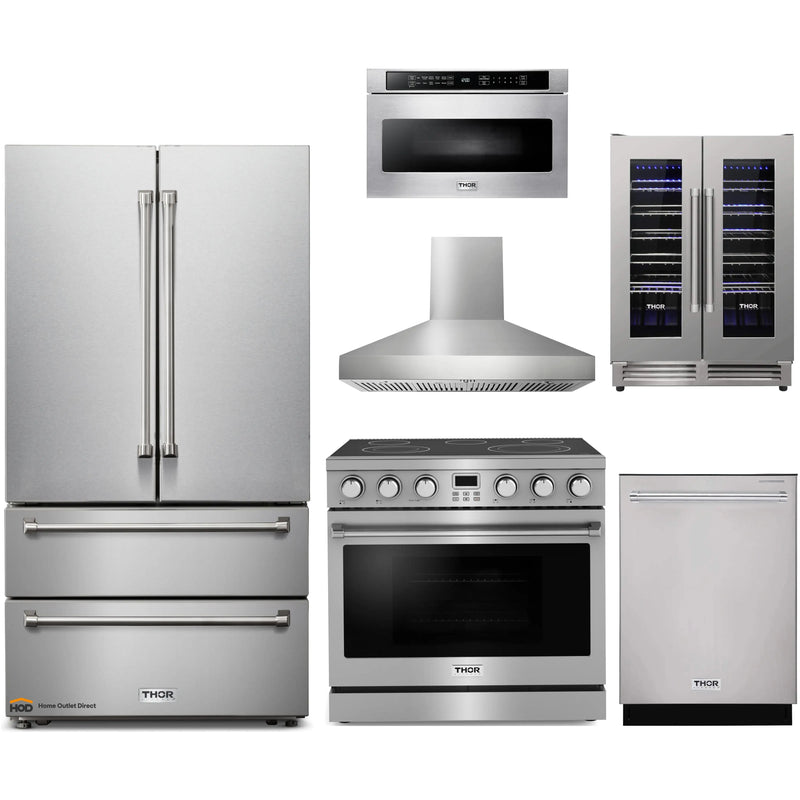 Thor Kitchen 6-Piece Appliance Package - 36-Inch Electric Range, Pro-Style Wall Mount Range Hood, Refrigerator, Dishwasher, Microwave, and Wine Cooler in Stainless Steel