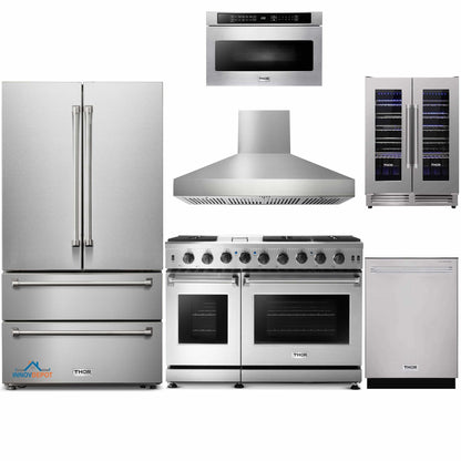 Thor Kitchen 6-Piece Appliance Package - 48-Inch Gas Range, French Door Refrigerator, Pro Wall Mount Hood, Dishwasher, Microwave Drawer, and Wine Cooler in Stainless Steel