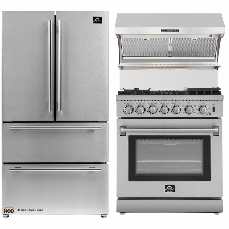 Forno 3-Piece Appliance Package - 30-Inch Dual Fuel Range with Air Fryer, Refrigerator, & Wall Mount Hood with Backsplash in Stainless Steel