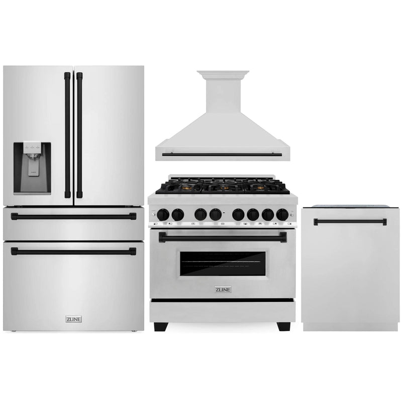 ZLINE Autograph Edition 4-Piece Appliance Package - 36-Inch Gas Range, Refrigerator with Water Dispenser, Wall Mounted Range Hood, & 24-Inch Tall Tub Dishwasher in Stainless Steel with Matte Black Trim (4AKPR-RGRHDWM36-MB)