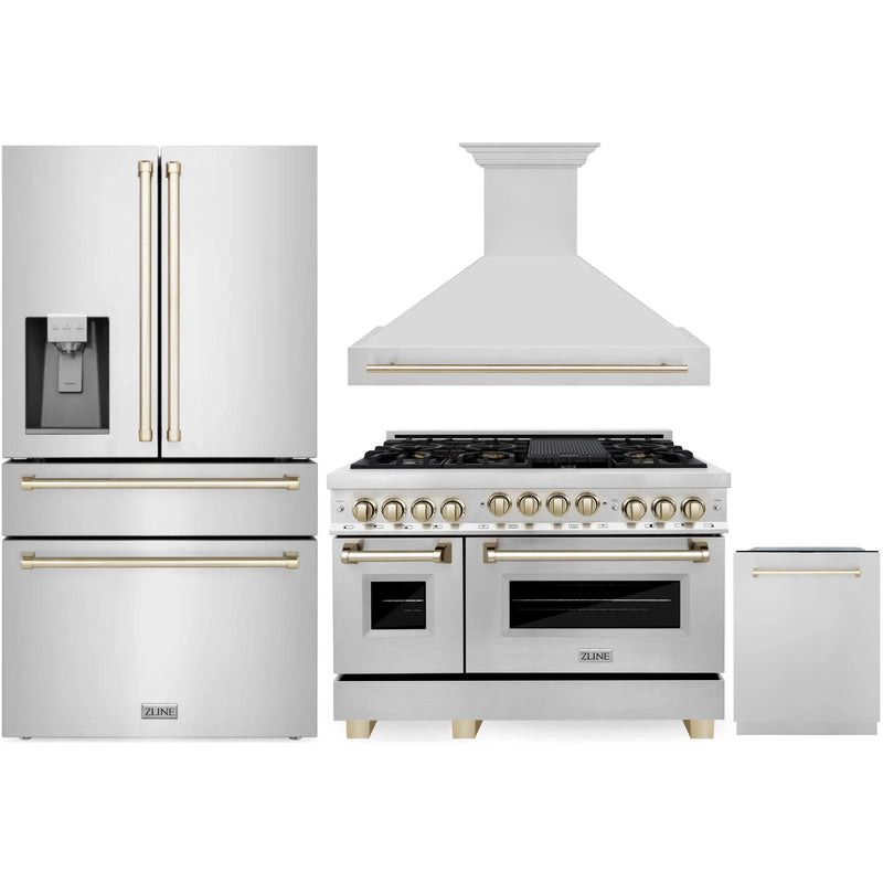 ZLINE Autograph Edition 4-Piece Appliance Package - 48-Inch Gas Range, Refrigerator with Water Dispenser, Wall Mounted Range Hood, & 24-Inch Tall Tub Dishwasher in Stainless Steel with Gold Trim (4KAPR-RGRHDWM48-G)