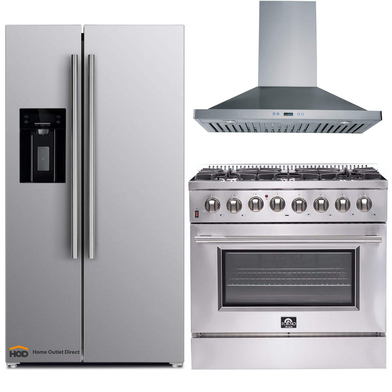 Forno 3-Piece Appliance Package - 36-Inch Dual Fuel Range, Refrigerator with Water Dispenser, & Wall Mount Hood in Stainless Steel