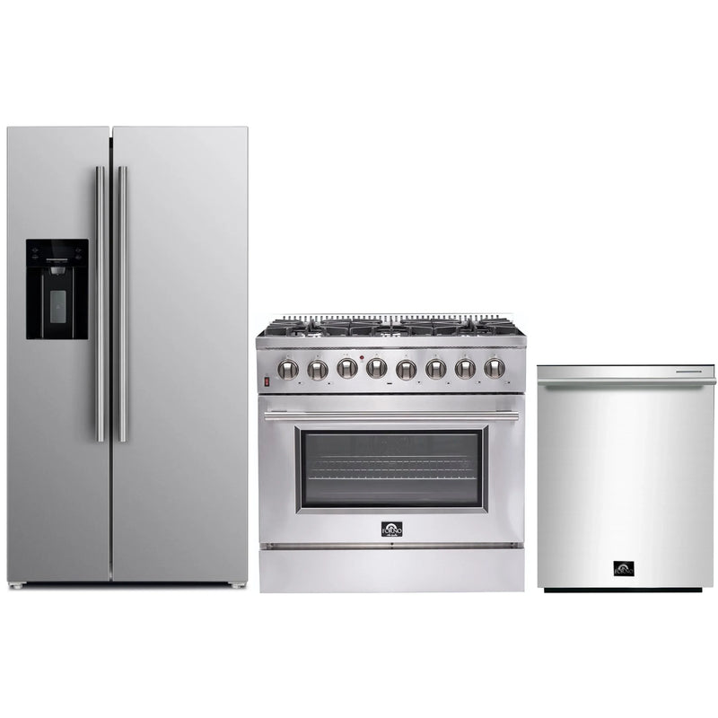 Forno 3-Piece Appliance Package - 36-Inch Dual Fuel Range, Refrigerator with Water Dispenser, & Dishwasher in Stainless Steel