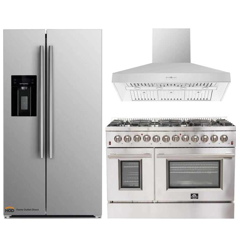 Forno 3-Piece Appliance Package - 48-Inch Dual Fuel Range, Refrigerator with Water Dispenser, & Wall Mount Hood in Stainless Steel