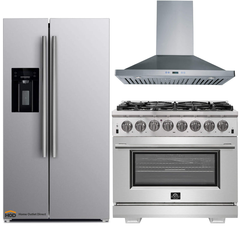 Forno 3-Piece Pro Appliance Package - 36-Inch Dual Fuel Range, Refrigerator with Water Dispenser, & Wall Mount Hood in Stainless Steel