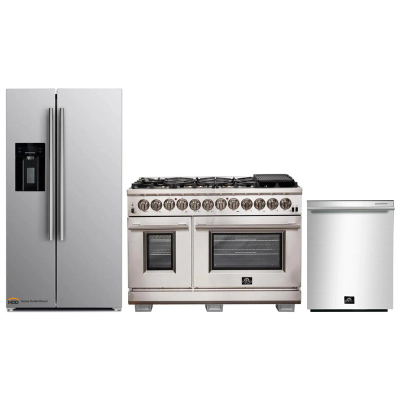 Forno 3-Piece Pro Appliance Package - 48-Inch Dual Fuel Range, Refrigerator with Water Dispenser, & Dishwasher in Stainless Steel