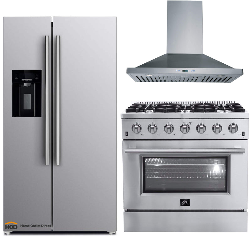 Forno 3-Piece Appliance Package - 36-Inch Gas Range, Refrigerator with Water Dispenser, & Wall Mount Hood in Stainless Steel
