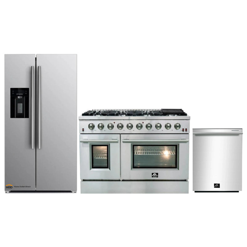 Forno 3-Piece Appliance Package - 48-Inch Gas Range, Refrigerator with Water Dispenser, & Dishwasher in Stainless Steel