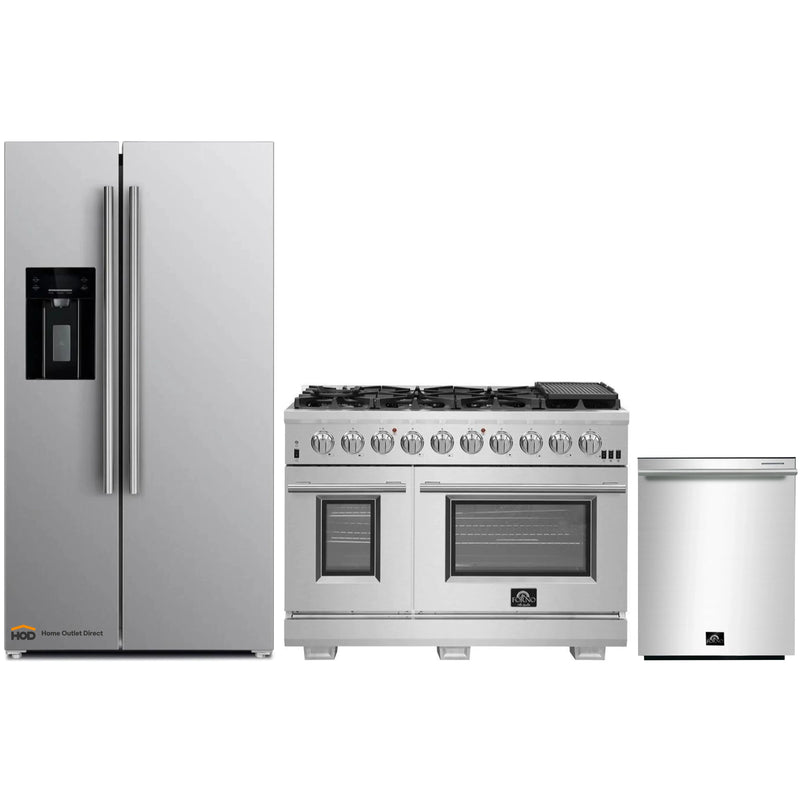 Forno 3-Piece Pro Appliance Package - 48-Inch Gas Range, Refrigerator with Water Dispenser, & Dishwasher in Stainless Steel