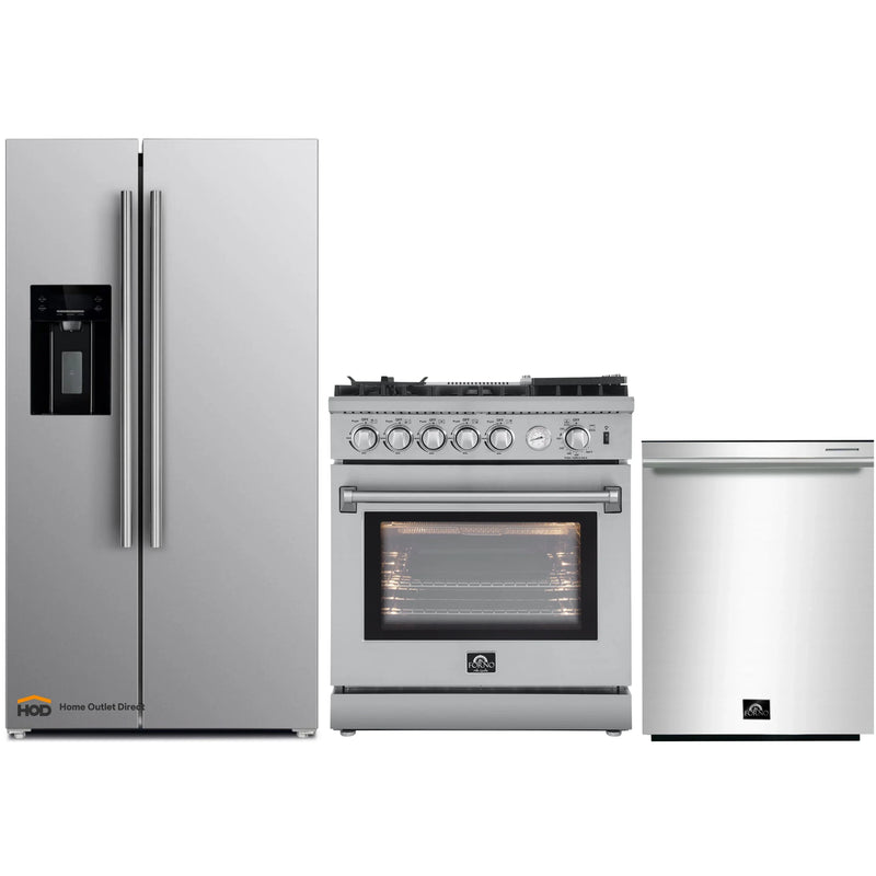 Forno 3-Piece Appliance Package - 30-Inch Gas Range with Air Fryer, Refrigerator with Water Dispenser,& Dishwasher in Stainless Steel