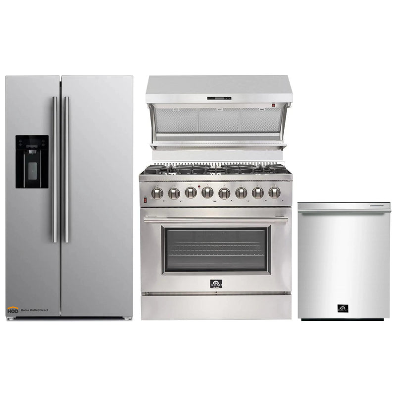 Forno 4-Piece Appliance Package - 36-Inch Dual Fuel Range, Refrigerator with Water Dispenser, Wall Mount Hood with Backsplash, & 3-Rack Dishwasher in Stainless Steel