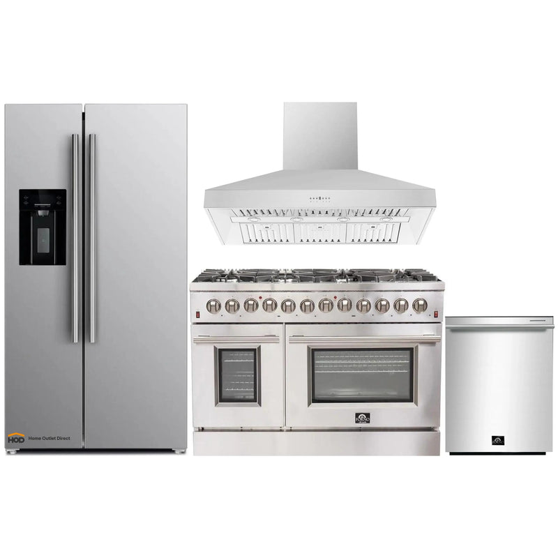 Forno 4-Piece Appliance Package - 48-Inch Dual Fuel Range, Refrigerator with Water Dispenser, Wall Mount Hood, & 3-Rack Dishwasher in Stainless Steel