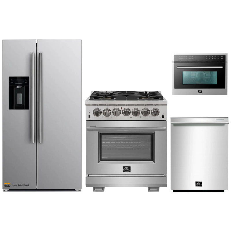 Forno 4-Piece Pro Appliance Package - 30-Inch Dual Fuel Range, Refrigerator with Water Dispenser, Microwave Oven, & 3-Rack Dishwasher in Stainless Steel