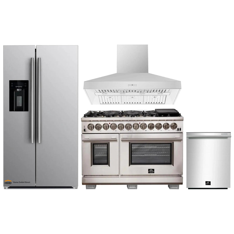 Forno 4-Piece Pro Appliance Package - 48-Inch Dual Fuel Range, Refrigerator with Water Dispenser, Wall Mount Hood, & 3-Rack Dishwasher in Stainless Steel