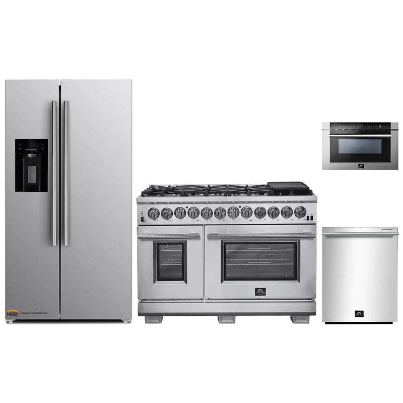 Forno 4-Piece Pro Appliance Package - 48-Inch Dual Fuel Range, Refrigerator with Water Dispenser, Microwave Drawer, & 3-Rack Dishwasher in Stainless Steel