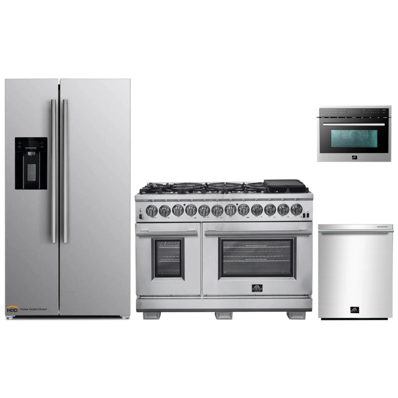 Forno 4-Piece Pro Appliance Package - 48-Inch Dual Fuel Range, Refrigerator with Water Dispenser, Microwave Oven, & 3-Rack Dishwasher in Stainless Steel