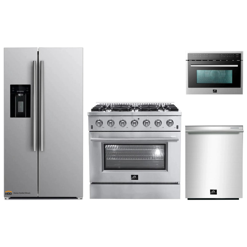 Forno 4-Piece Appliance Package - 36-Inch Gas Range, Refrigerator with Water Dispenser, Microwave Oven, & 3-Rack Dishwasher in Stainless Steel