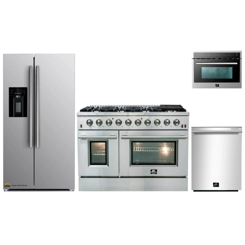 Forno 4-Piece Appliance Package - 48-Inch Gas Range, Refrigerator with Water Dispenser, Microwave Oven, & 3-Rack Dishwasher in Stainless Steel