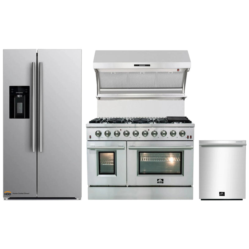 Forno 4-Piece Appliance Package - 48-Inch Gas Range, Refrigerator with Water Dispenser, Wall Mount Hood with Backsplash, & 3-Rack Dishwasher in Stainless Steel