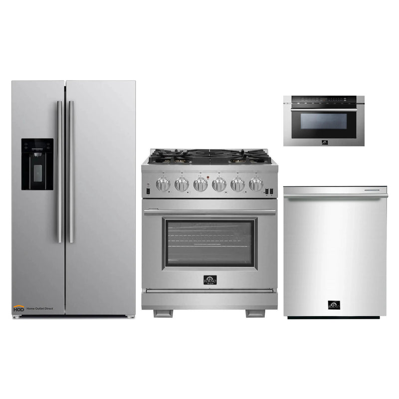 Forno 4-Piece Pro Appliance Package - 30-Inch Gas Range, Refrigerator with Water Dispenser, Microwave Drawer, & 3-Rack Dishwasher in Stainless Steel