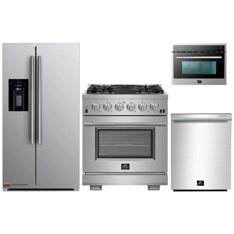 Forno 4-Piece Pro Appliance Package - 30-Inch Gas Range, Refrigerator with Water Dispenser, Microwave Oven, & 3-Rack Dishwasher in Stainless Steel