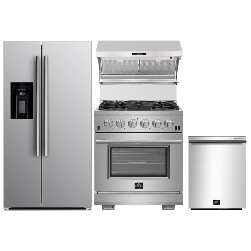 Forno 4-Piece Pro Appliance Package - 30-Inch Gas Range, Refrigerator with Water Dispenser, Wall Mount Hood with Backsplash, & 3-Rack Dishwasher in Stainless Steel