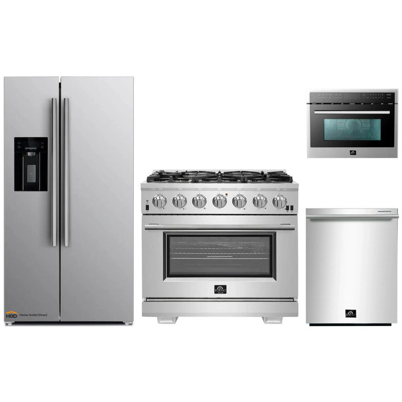 Forno 4-Piece Pro Appliance Package - 36-Inch Gas Range, Refrigerator with Water Dispenser, Microwave Oven, & 3-Rack Dishwasher in Stainless Steel