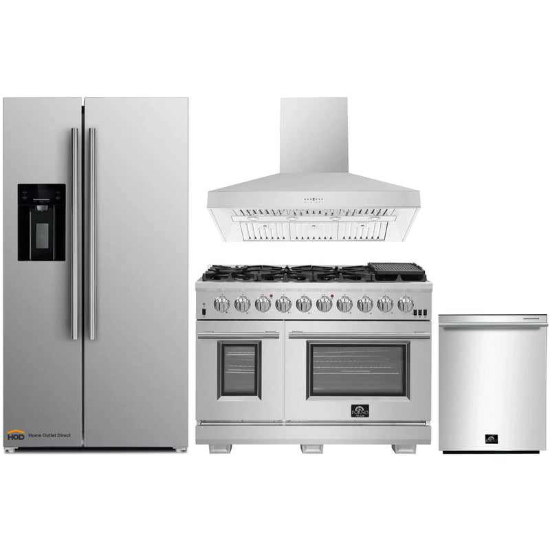 Forno 4-Piece Pro Appliance Package - 48-Inch Gas Range, Refrigerator with Water Dispenser, Wall Mount Hood, & 3-Rack Dishwasher in Stainless Steel
