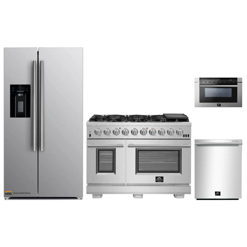 Forno 4-Piece Pro Appliance Package - 48-Inch Gas Range, Refrigerator with Water Dispenser, Microwave Drawer, & 3-Rack Dishwasher in Stainless Steel