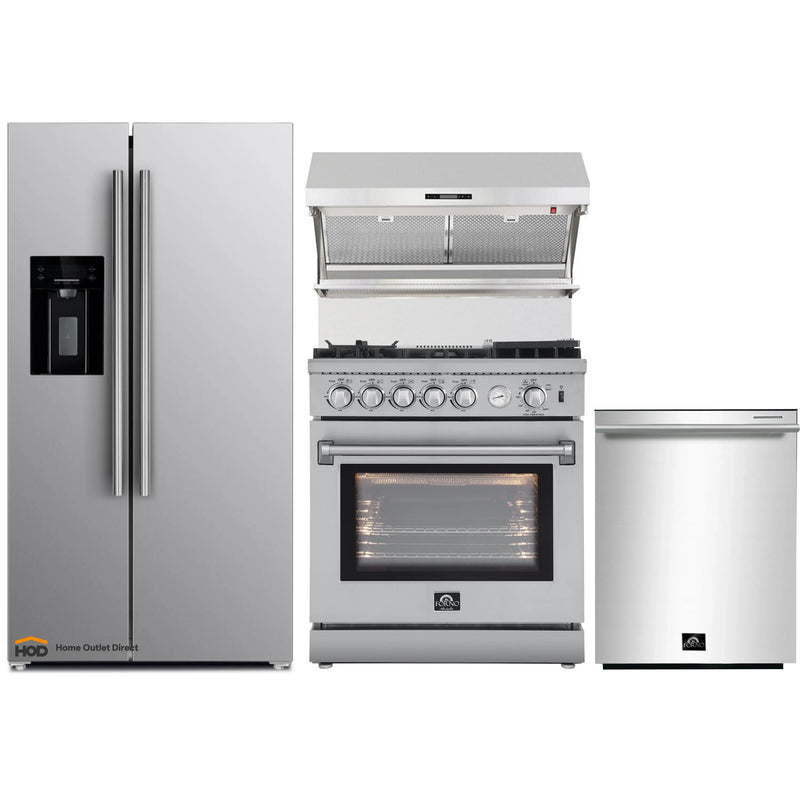 Forno 4-Piece Appliance Package - 30-Inch Gas Range with Air Fryer, Refrigerator with Water Dispenser, Wall Mount Hood with Backsplash, & 3-Rack Dishwasher in Stainless Steel