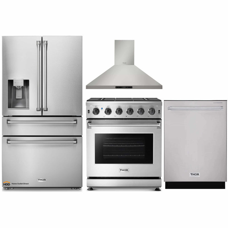Thor Kitchen 4-Piece Appliance Package - 30-Inch Gas Range, Refrigerator with Water Dispenser, Wall Mount Hood, & Dishwasher in Stainless Steel