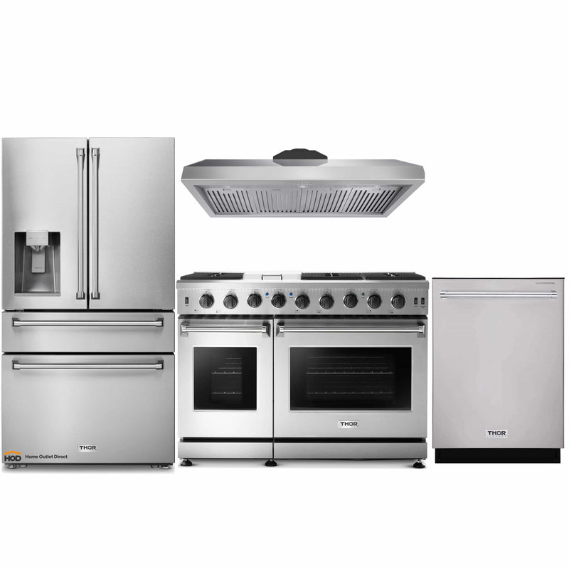 Thor Kitchen 4-Piece Appliance Package - 48-Inch Gas Range, Under Cabinet 11-Inch Tall Hood, Refrigerator with Water Dispenser, & Dishwasher in Stainless Steel