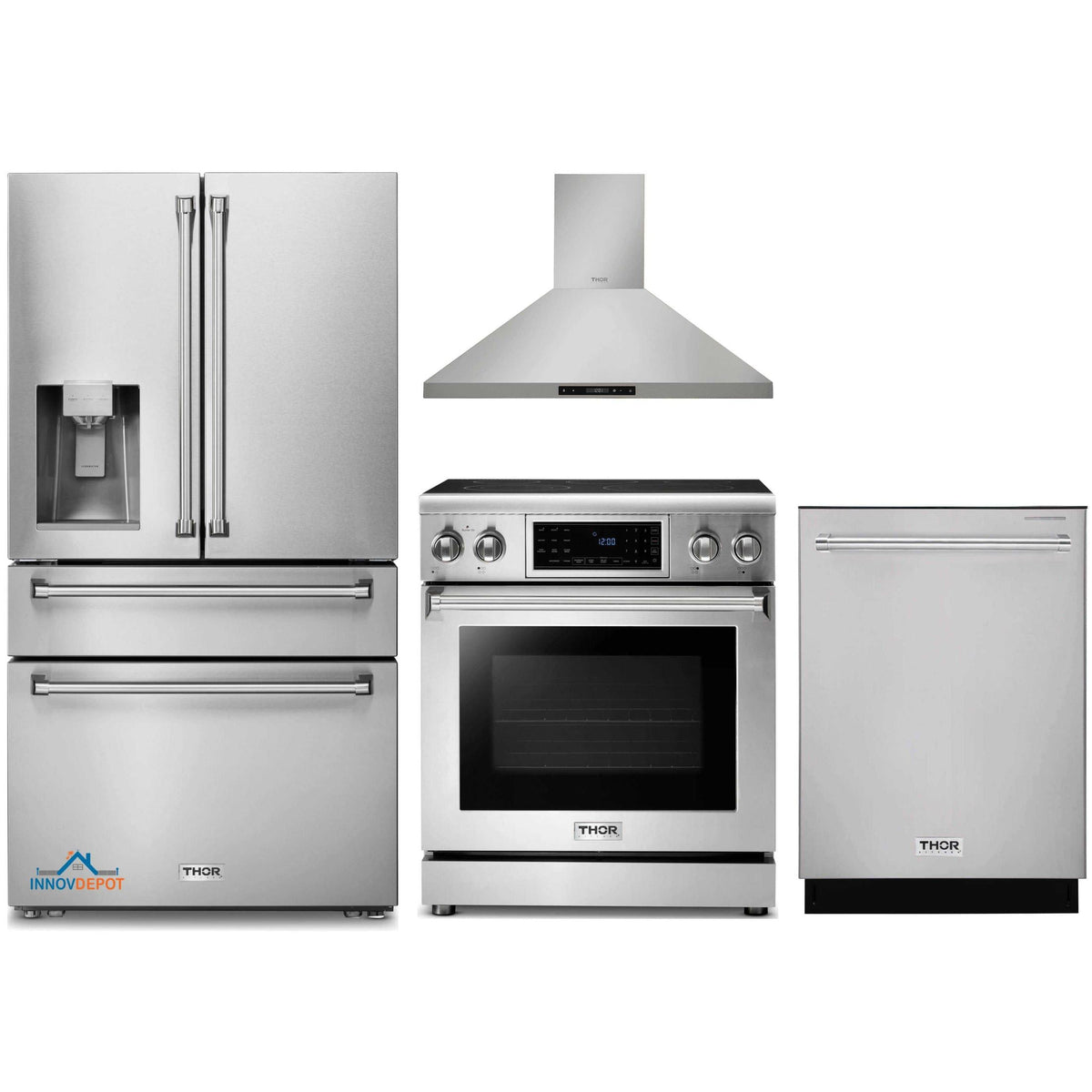 Thor Kitchen 4-Piece Appliance Package - 30-Inch Electric Range with Tilt Panel, Refrigerator with Water Dispenser, Wall Mount Hood, & Dishwasher in Stainless Steel