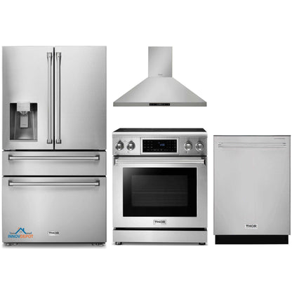 Thor Kitchen 4-Piece Appliance Package - 30-Inch Electric Range with Tilt Panel, Refrigerator with Water Dispenser, Wall Mount Hood, & Dishwasher in Stainless Steel