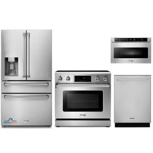 Thor Kitchen 4-Piece Appliance Package - 36-Inch Electric Range with Tilt Panel, Refrigerator with Water Dispenser, Dishwasher, & Microwave Drawer in Stainless Steel