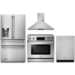 Thor Kitchen 4-Piece Appliance Package - 36-Inch Electric Range with Tilt Panel, Refrigerator with Water Dispenser, Wall Mount Hood, & Dishwasher in Stainless Steel