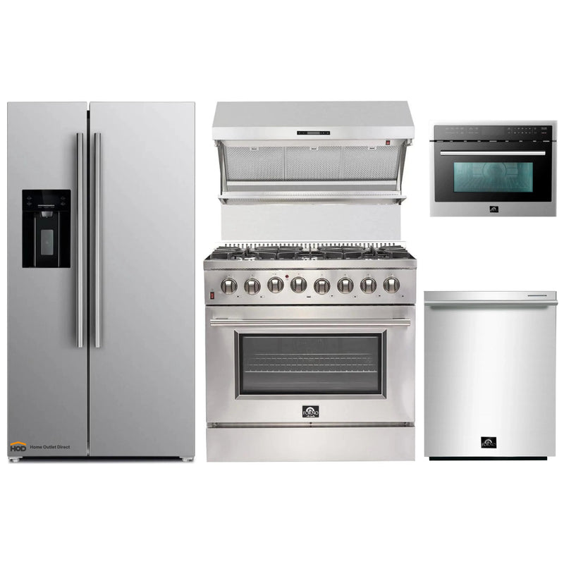 Forno 5-Piece Appliance Package - 36-Inch Dual Fuel Range, Refrigerator with Water Dispenser, Wall Mount Hood with Backsplash, Microwave Oven, & 3-Rack Dishwasher in Stainless Steel