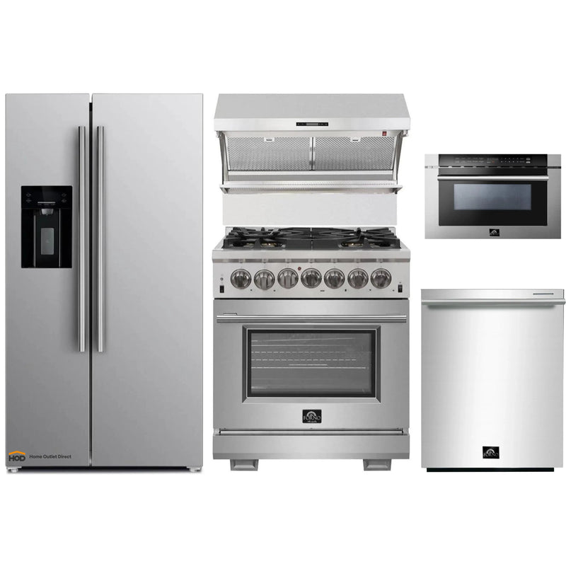 Forno 5-Piece Pro Appliance Package - 30-Inch Dual Fuel Range, Refrigerator with Water Dispenser, Wall Mount Hood with Backsplash, Microwave Drawer, & 3-Rack Dishwasher in Stainless Steel