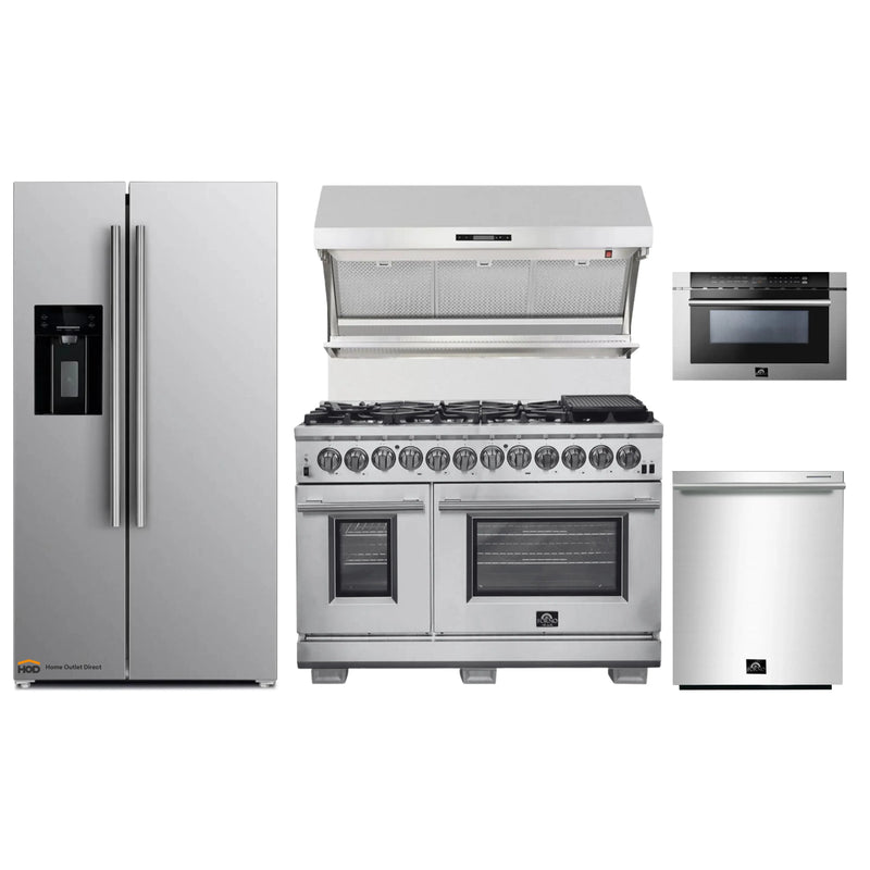 Forno 5-Piece Pro Appliance Package - 48-Inch Dual Fuel Range, Refrigerator with Water Dispenser, Wall Mount Hood with Backsplash, Microwave Drawer, & 3-Rack Dishwasher in Stainless Steel