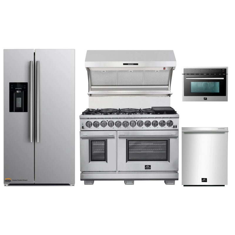 Forno 5-Piece Pro Appliance Package - 48-Inch Dual Fuel Range, Refrigerator with Water Dispenser, Wall Mount Hood with Backsplash, Microwave Oven, & 3-Rack Dishwasher in Stainless Steel
