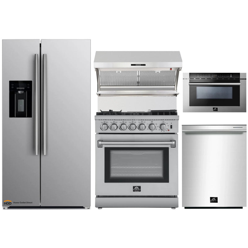 Forno 5-Piece Appliance Package - 30-Inch Dual Fuel Range with Air Fryer, Refrigerator with Water Dispenser, Wall Mount Hood with Backsplash, Microwave Drawer, & 3-Rack Dishwasher in Stainless Steel