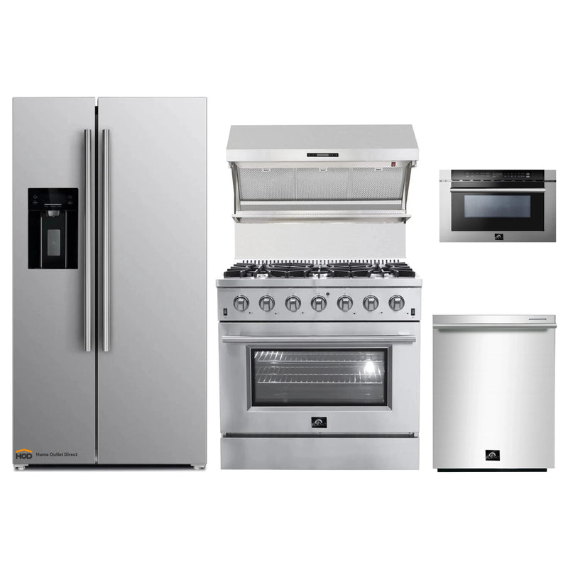 Forno 5-Piece Appliance Package - 36-Inch Gas Range, Refrigerator with Water Dispenser, Wall Mount Hood with Backsplash, Microwave Drawer, & 3-Rack Dishwasher in Stainless Steel