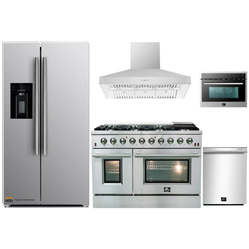 Forno 5-Piece Appliance Package - 48-Inch Gas Range, Refrigerator with Water Dispenser, Wall Mount Hood, Microwave Oven, & 3-Rack Dishwasher in Stainless Steel