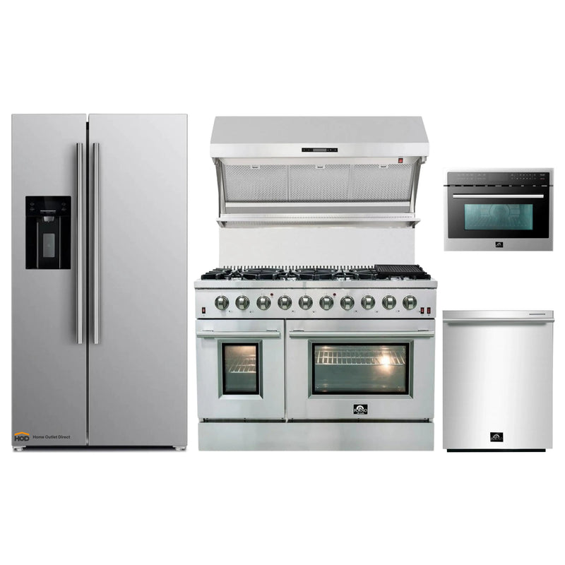 Forno 5-Piece Appliance Package - 48-Inch Gas Range, Refrigerator with Water Dispenser, Wall Mount Hood with Backsplash, Microwave Oven, & 3-Rack Dishwasher in Stainless Steel
