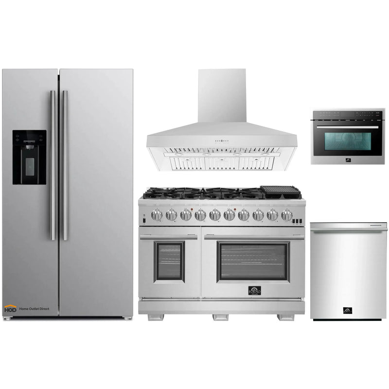 Forno 5-Piece Pro Appliance Package - 48-Inch Gas Range, Refrigerator with Water Dispenser, Wall Mount Hood, Microwave Oven, & 3-Rack Dishwasher in Stainless Steel