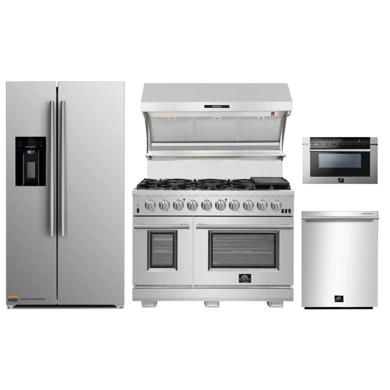 Forno 5-Piece Pro Appliance Package - 48-Inch Gas Range, Refrigerator with Water Dispenser, Wall Mount Hood with Backsplash, Microwave Drawer, & 3-Rack Dishwasher in Stainless Steel