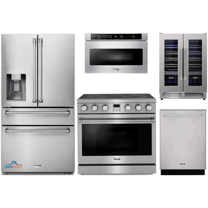Thor Kitchen 5-Piece Appliance Package - 36-Inch Electric Range, Refrigerator with Water Dispenser, Dishwasher, Microwave, and Wine Cooler in Stainless Steel