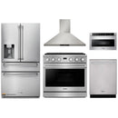 Thor Kitchen 5-Piece Appliance Package - 36-Inch Gas Range, Wall Mount Range Hood, Refrigerator with Water Dispenser, Dishwasher, and Microwave in Stainless Steel