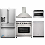 Thor Kitchen 5-Piece Appliance Package - 36-Inch Gas Range, Refrigerator with Water Dispenser, Wall Mount Hood, Dishwasher, & Microwave Drawer in Stainless Steel