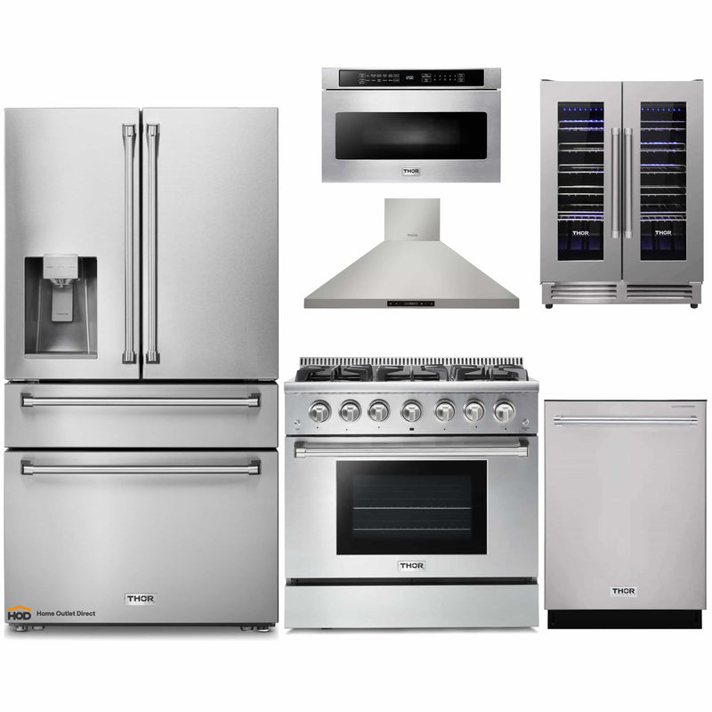 Thor Kitchen 6-Piece Pro Appliance Package - 36-Inch Gas Range, Refrigerator with Water Dispenser, Wall Mount Hood, Dishwasher, Microwave Drawer, & Wine Cooler in Stainless Steel